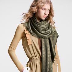 LOUIS VUITTON® - Monogram Classic Shawl - Khaki Stole Scarf, Elegant Drapes, Monogram Pattern, Leather Denim, Buckle Shoes, Silver Jewelry Fashion, Silk Wool, Knitwear Tops, Jacquard Weave