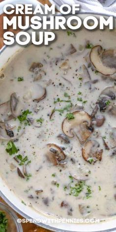 cream of mushroom soup in a pot with parsley on the side and title overlay