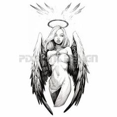 an angel tattoo design with black and white ink