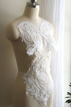 A005 Crystal Heavy Beaded Lace Applique for Bridal Dress | Etsy White Lace Bodice With Sweetheart Neckline, Fitted White Bridal Accessories With Pearl Embroidery, Embellished White Wedding Dress For Wedding Night, White Beaded Lace Bridal Accessories, White Embellished Lace For Wedding, Lace Applique Wedding Dress, Applique Wedding, Bridal Lace Fabric, Embroidered Bodice