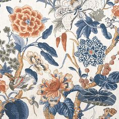 a floral wallpaper with blue leaves and flowers