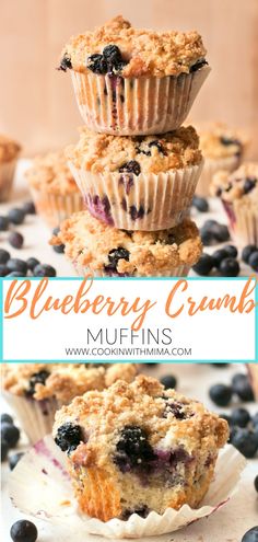 blueberry crumb muffins stacked on top of each other with the title above it