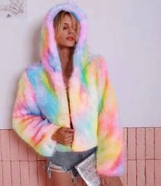 LOVEMI - Winter Coat Women Casual Turtleneck Long Sleeve Rainbow Fur Winter Coats Women Casual, Shaggy Jacket, Korean Fashion Fall, Winter Coat Women, Casual Turtleneck, Casual Outwear, Hooded Faux, Turtleneck Long Sleeve, Tie Dye Hoodie