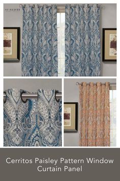 curtains with different patterns and colors are shown in three pictures, one is blue and the other