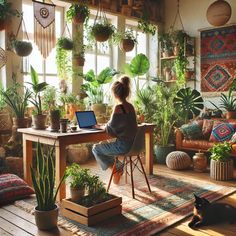 a woman sitting at a desk in front of a laptop computer surrounded by potted plants