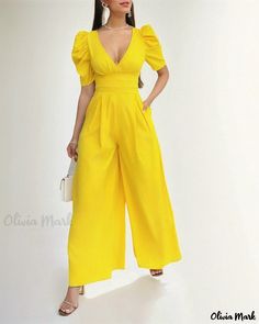 Olivia Mark - Wide Leg Jumpsuit with Puffed Sleeves and Plunge Neckline Plunge Neckline, Puffed Sleeves, Wide Leg Jumpsuit, Plunging Neckline, Olivia Mark, Puff Sleeve, Wide Leg, Jumpsuit, Yellow