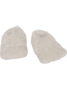 two white slippers with fur on them