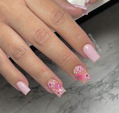 Medium Length Pink Acrylic Nails, Pink Name Tattoo, Flower Nails With Gems, Besame Mucho Nails, French Tip Nails Spring, Cute Short Square Nails, Carpet Ideas, Diy Acrylic Nails, Sweet Revenge