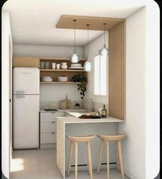 a small kitchen with two stools in front of the counter