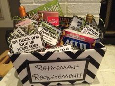 a gift box filled with candy and personalized stickers that says,'retirement announcement '