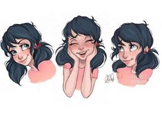 three different poses of a woman with black hair