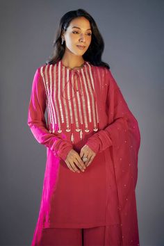 Hot pink short kurta with linear hand embroidered yoke and tassel drops. Comes with palazzo with matching dupatta. - Aza Fashions Kurta Palazzo Set, Hot Pink Shorts, Short Kurta, Palazzo Set, Embroidered Neckline, Embroidered Shorts, Pink Shorts, Set For Women, Aza Fashion