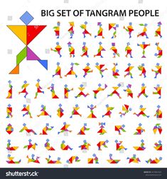 big set of tangram people in different colors and sizes, all on white background