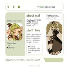 an anime character's profile is shown on the webpage, with information about her