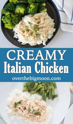 creamy italian chicken over rice and broccoli on a plate