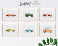 four framed pictures with different colored cars on them