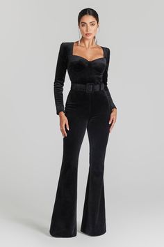 Black Velvet Jumpsuit, Nadine Merabi, Womens Black Jumpsuit, Velvet Jumpsuit, Fitted Jumpsuit, David Koma, Alexandre Vauthier, Flared Trousers, Shorts Casual