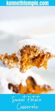 a spoonful of sweet potato casserole on a white plate with text overlay that reads, sweet potato casserole