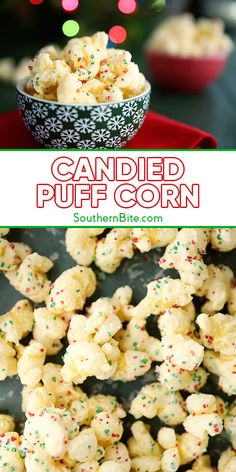 a bowl filled with candy caned puffy corn