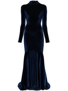 Find ATU BODY COUTURE High-neck Velvet Gown on Editorialist. navy blue velvet finish high neck concealed rear zip fastening long sleeves high-low hem fishtail train long length unlined Navy Blue Velvet Long Dress, Blue Velvet Gown, Uzun Boy, Lycra Dress, Types Of Gowns, Gown Blue, Couture Gown, Blue Velvet Dress, Navy Blue Velvet