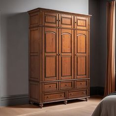 a bedroom scene with focus on the armoire and bed