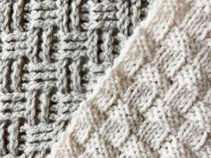 two knitted blankets with different colors and patterns, one is gray and the other is white