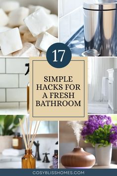 17 Simple Hacks for a Fresh Bathroom showcases effective methods like vinegar sprays and essential oil diffusers across 6 vibrant images. Discover how to maintain a fresh and pleasant-smelling bathroom every day with these easy tips.