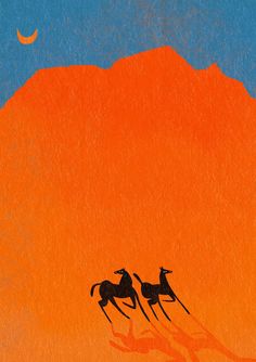 two horses running across an orange and blue background with the moon in the sky behind them