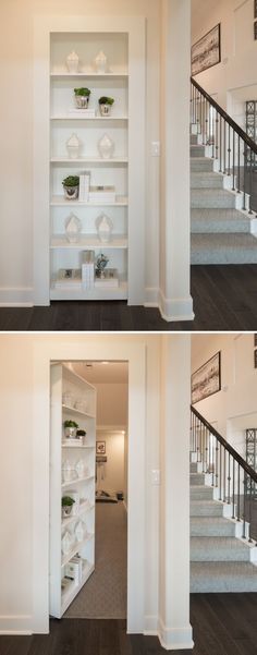 two pictures of the inside of a house with stairs and open shelving units on each side