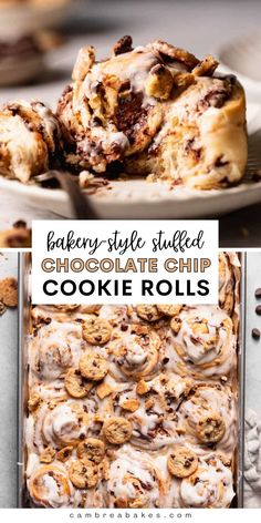 chocolate chip cookie rolls on a plate with the title text overlay reads, bakery style stuffed chocolate chip cookie rolls