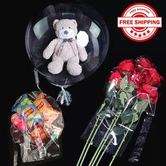 two bouquets with roses and a teddy bear in the middle one is wrapped in cellophane