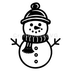 a black and white snowman with a hat on it's head, wearing a scarf