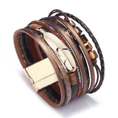 MAHOGANIC - Leather Wrap Accent Bracelet - Mack & Rex Trendy Brown Wrap Bracelet Gift, Trendy Brown Leather Bracelet, Trendy Adjustable Brown Leather Bracelet, Elegant Brown Leather Wrap Bracelet, Trendy Brown Faux Leather Jewelry, Multicolor Leather Bracelets, Crystal Wrap, Vintage Feather, Leather Bracelets Women