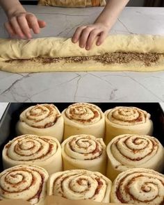 two images show the process of making cinnamon rolls