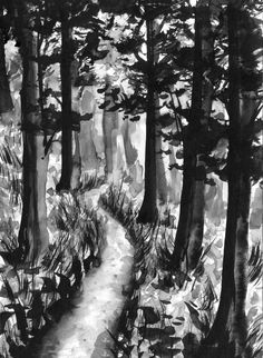 a black and white drawing of a path in the woods