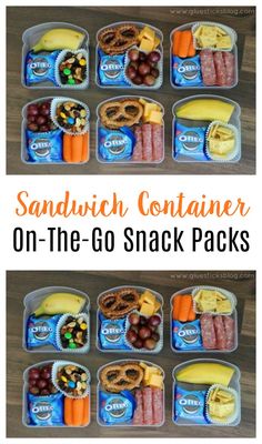 sandwiches and snacks in plastic containers with the words sandwich container on the top, and an image