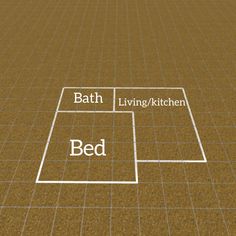 an image of a bed in the middle of a room with words above it that read bath, living / kitchen