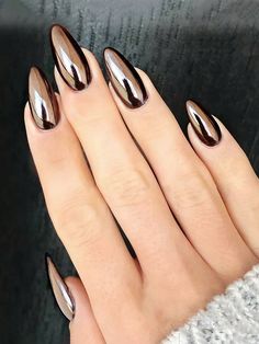 Brown  Collar    Color Nails Embellished   Nail,Hand & Foot Care Chrome Almond, Red Chrome Nails, Gold Chrome Nails, Grey Nails, Nails Dark, Stiletto Nail Art