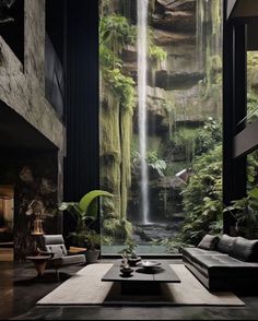 a living room filled with furniture and a waterfall in the middle of it's walls