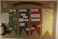 a bulletin board with harry potter banners on it