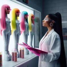 a woman standing in front of mannequins with long hair and colorful wigs