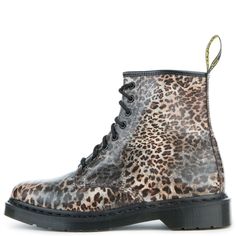 Experience a sophisticated touch of style with our 1460 Leopard Print Smooth Boots. The smooth leather is emblazoned with a bold leopard print design - perfect for adding a unique element to any outfit. Trendy Leopard Print Leather Boots, Dr. Martens Boots, Smooth Leather, Combat Boots, Leopard Print, Print Design, Boots, Leather, Design