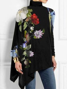 Floral Spring/Fall Urban Polyester Printing Micro-Elasticity Daily Long Sleeve H-Line Blouses1 for Women Weekend Mode, 2023 Clothing, Turtleneck T Shirt, Floral Outfit, Fall Fabric, Plus Size Kleidung, Weekend Style, Fashion Mode, Pattern Floral