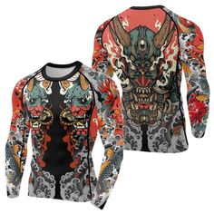 a long sleeved shirt with an image of a dragon on the front and back