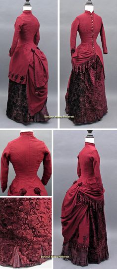 Victorian Dress Bustle, Red Victorian Dress, 1890s Red Dress, 1889 Evening Dress, Red 1860s Dress, Red Velvet Victorian Dress, 1880 Dress, 1880 Fashion, Bustle Dresses