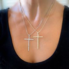 "Women's Extra Large Cross Pendant Necklace in Gold or Silver Options.  This necklace is simple and elegant - Chain Length can be adjusted from 16 Inches to 18 Inches total.  Necklace is made with thick layers of 18k yellow gold or white rhodium over a core metal yielding a quality product.   Product Details: - Materials: Thick gold layered, 18K Yellow Gold or White Rhodium over core metal.  - Cross Dimensions: 49mm x28mm (1.9 Inches x 1.1 Inches)  - Chain Length: 16\" + 2\" Extension - 18\" Tot Simple Cross Necklace Silver, Simple Cross Necklace, Large Cross Necklace, Long Cross Necklace, Sleek Jewelry, Cross Necklace Simple, Silicone Necklace, Diamond Cross Necklace, Silver Cross Necklace