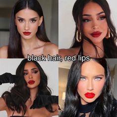 Black Hair Red Lips Aesthetic, Scorpio Moon Aesthetic, Scorpio Hair, Black Dress Red Lips, Black Hair Red Lips, Daniela Core, Red Lips Aesthetic, Dramatic Essence, Lips Aesthetic