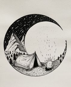 a drawing of a tent on the moon with mountains in the background