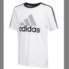 New With Tags Adidas White 'Adidas' Three-Stripe Logo Tee - Boys Size: M(10/12) Adidas Crew Neck T-shirt With Contrast Stripes, Adidas Contrast Stripes Crew Neck T-shirt, Adidas White Tops With Contrast Stripes, White Sportswear T-shirt With Three Stripes Branding, White T-shirt With Three Stripes For Sports Season, White T-shirt With Three Stripes Branding For Sports Season, White T-shirt With Three Stripes Branding, White Adidas Logo Sports T-shirt, White Adidas Logo T-shirt For Sports