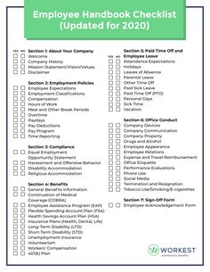 employee checklist with the words employee handbook checklist updated for 2020 on it